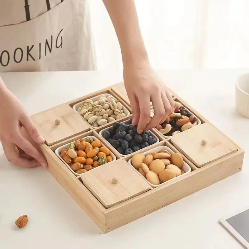 Vassoio in legno Piatto per snack di frutta Griglia per soggiorno Piatto di frutta secca Casa Capodanno Piatto di caramelle Vassoi per snack di frutta secca Scatola di immagazzinaggio