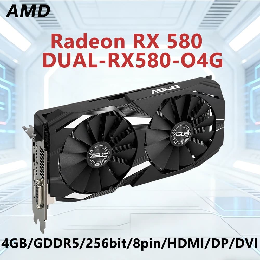 ASUS AMD RX 580 DUAL RX580 4G 4GB GDDR5 256bit for PCI-E 3.0 HDMI DVI DP 8pin with double cooling fan, ideal for games or office.