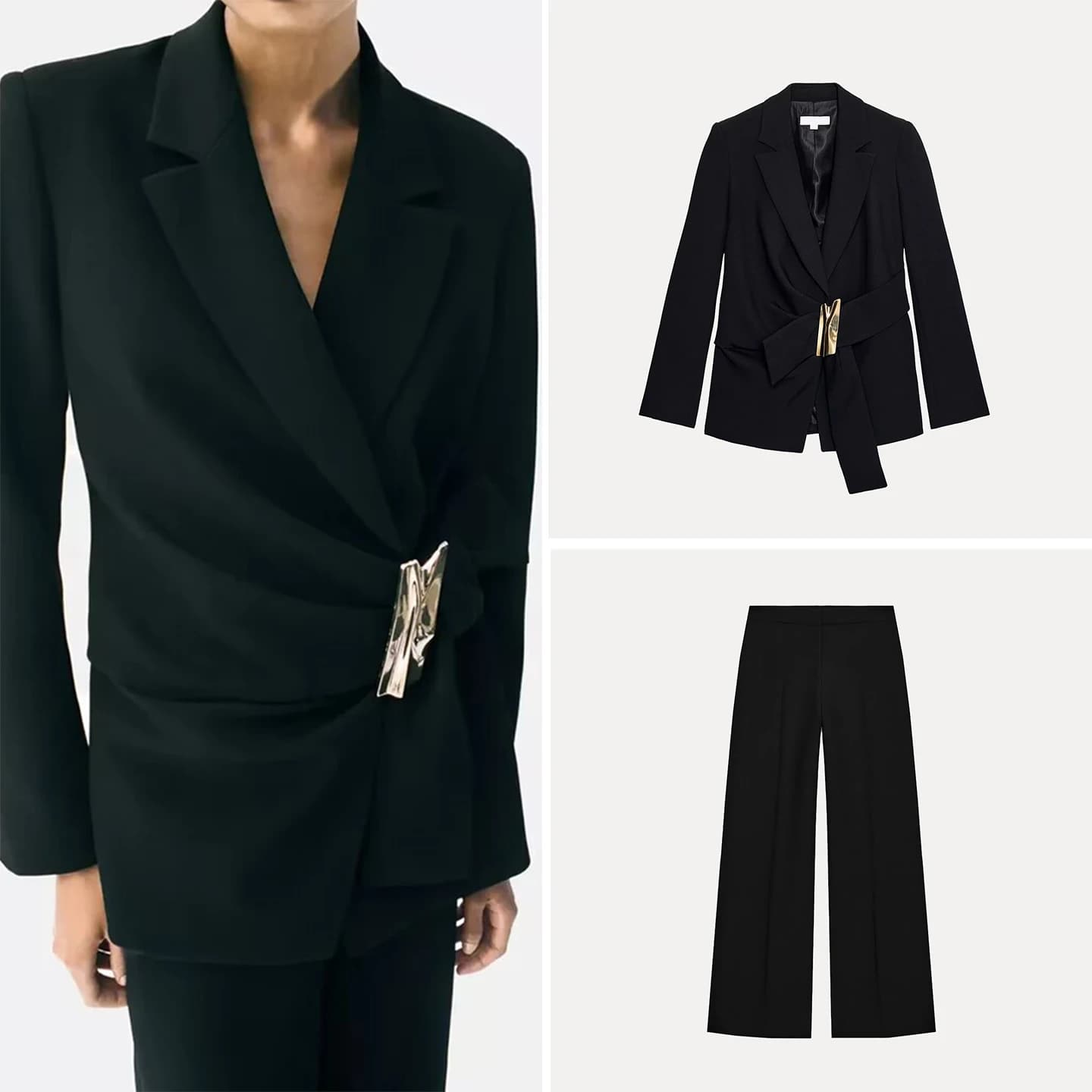Completo tailleur da donna autunno 2025: Giacca con fibbia decorativa e pantaloni a vita alta a gamba dritta - Set due pezzi alla moda per adulti