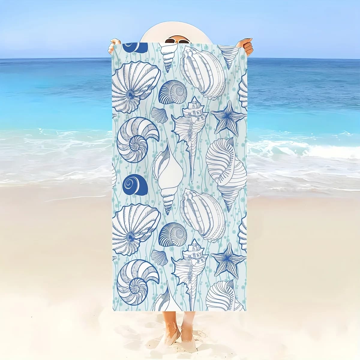 1 telo mare con motivo a conchiglie luminose, tessuto in poliestere, lavabile in lavatrice, perfetto per viaggi, yoga, campeggio, nuoto