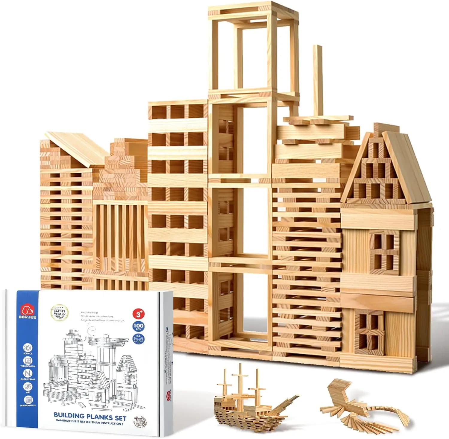 Set di 100 Blocchi di Costruzione Classici in Legno, Giocattoli Educativi STEM per Bambini, Regalo Montessori per Ragazzi e Ragazze