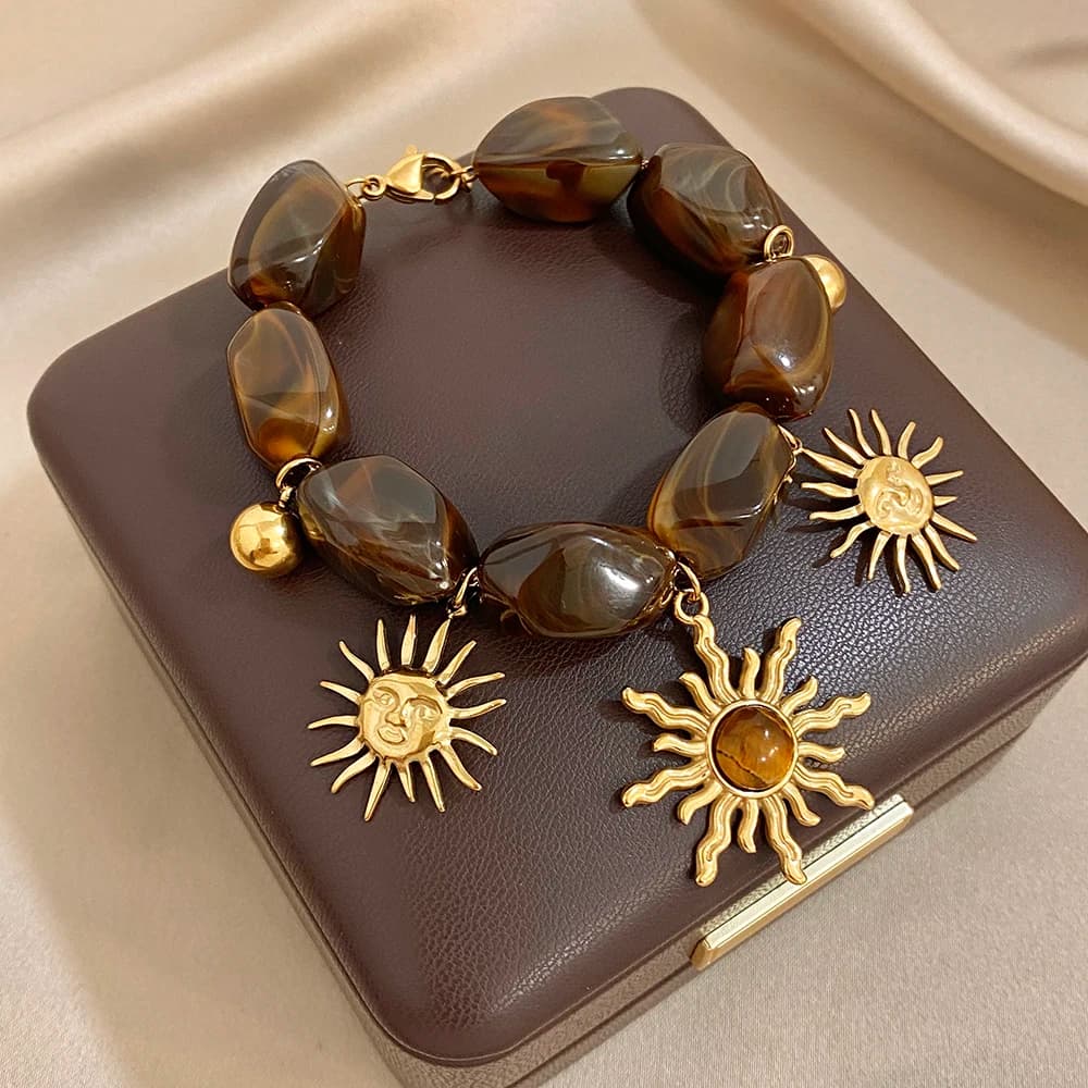 New Trend Chic Irregular Geometric Acrylic Bracelet Statement Stainless Steel Golden Cat's Eye Stone Sun Charm Fashion Jewelry