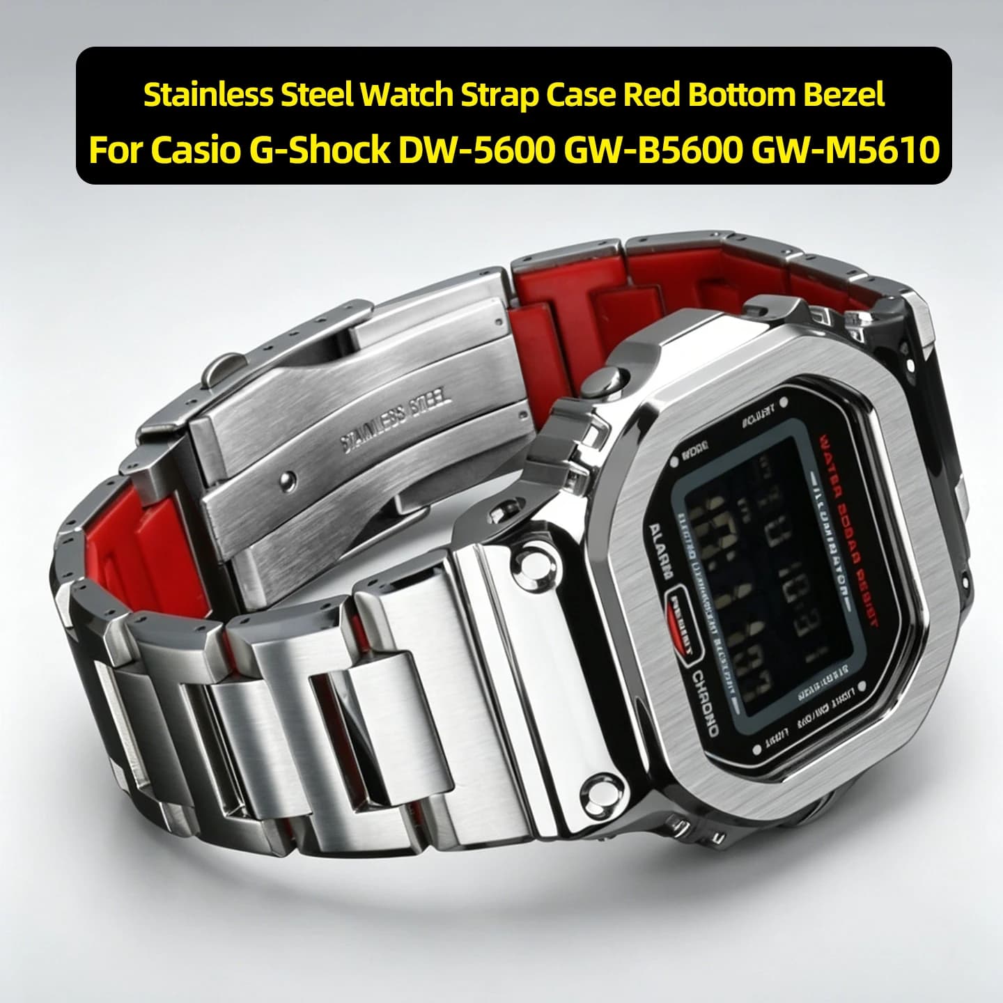 Kit di modifica con cassa e cinturino in acciaio inossidabile DW5600 con ghiera rossa per Casio G-Shock DW-5600 GW-B5600 GW-M5610, set in metallo modificato