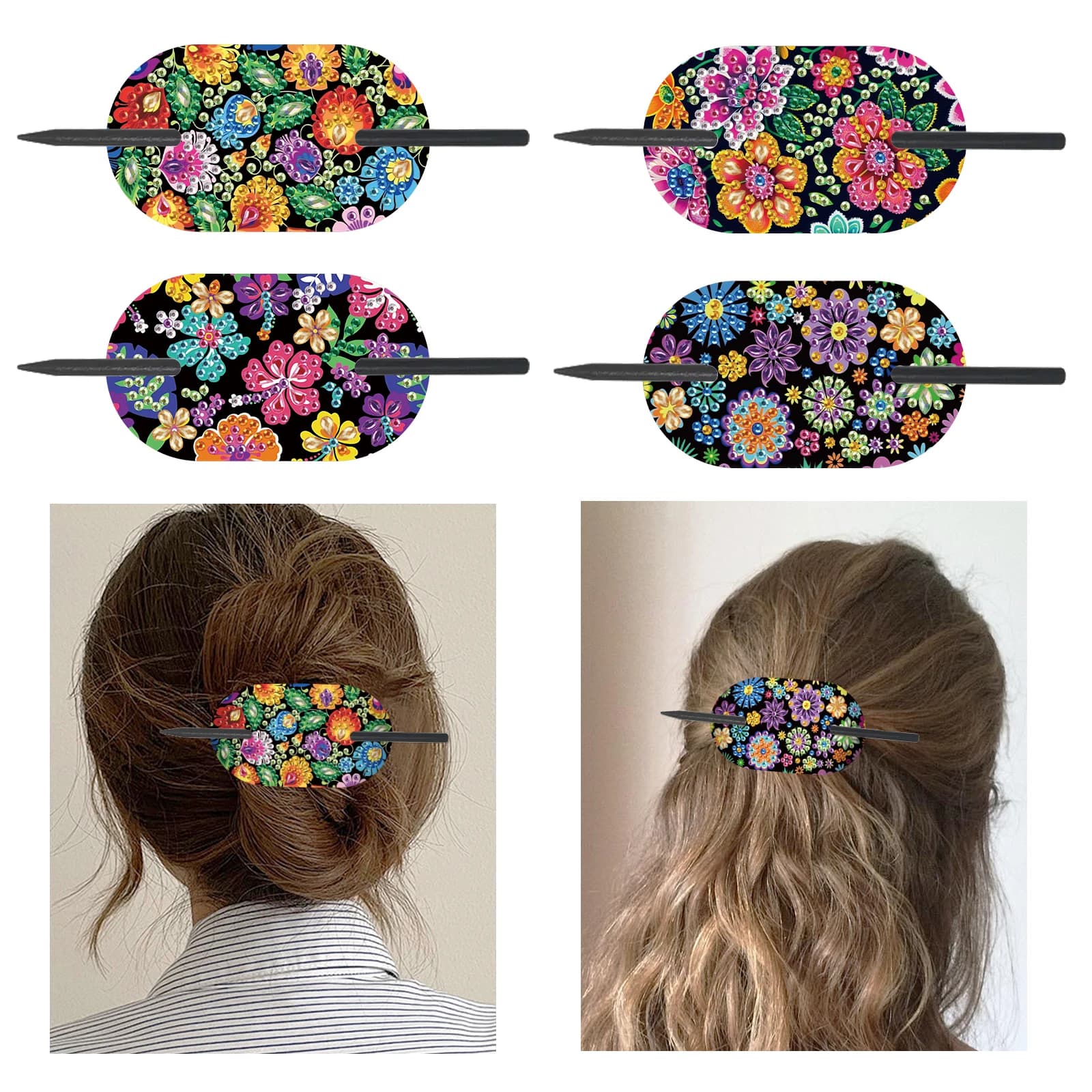 4 pezzi kit forcina ellittica con pittura artistica con diamanti, fiore colorato forcina per capelli con diamanti fai da te regalo elegante gioielli classici per un amico