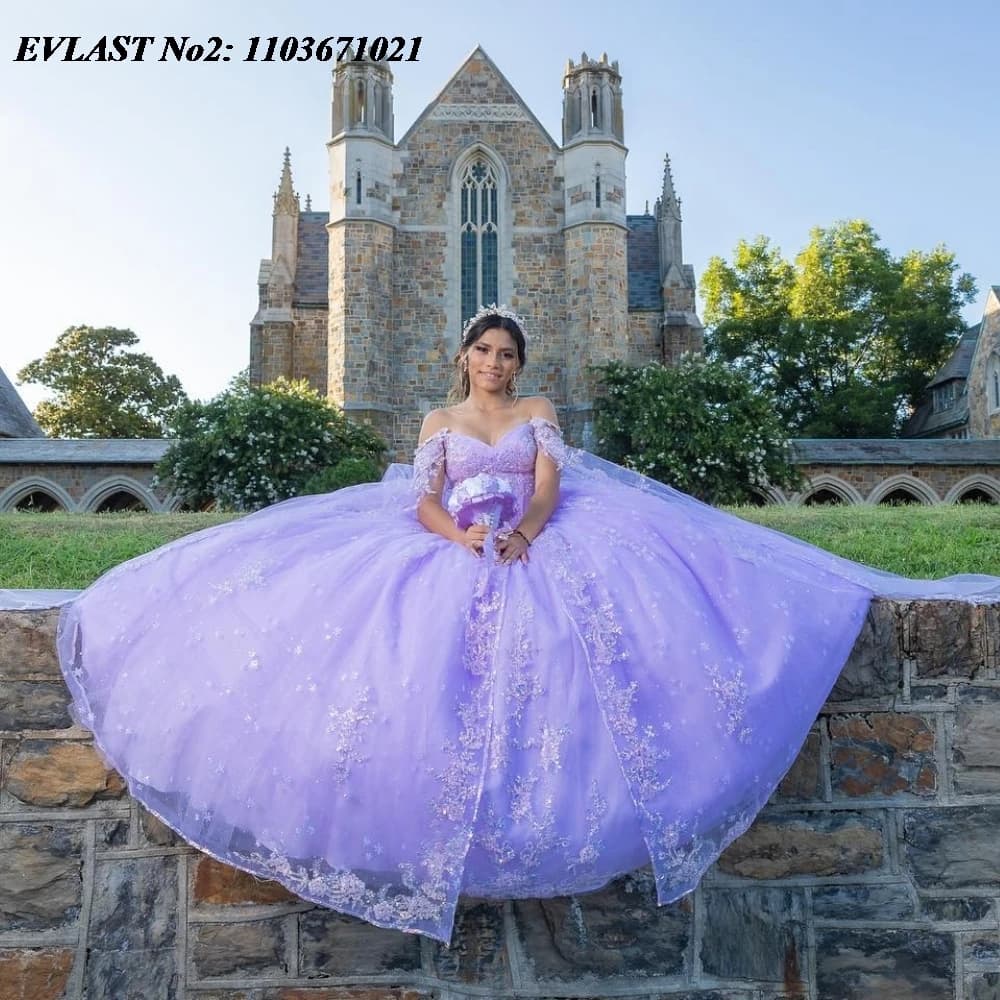 EVLAST Personalizzato Lilla Abito Quinceanera Abito di Sfera Glitter Applique di Pizzo Perline Mantello Corsetto Dolce 16 Abiti Da 15 Anos E2Q07