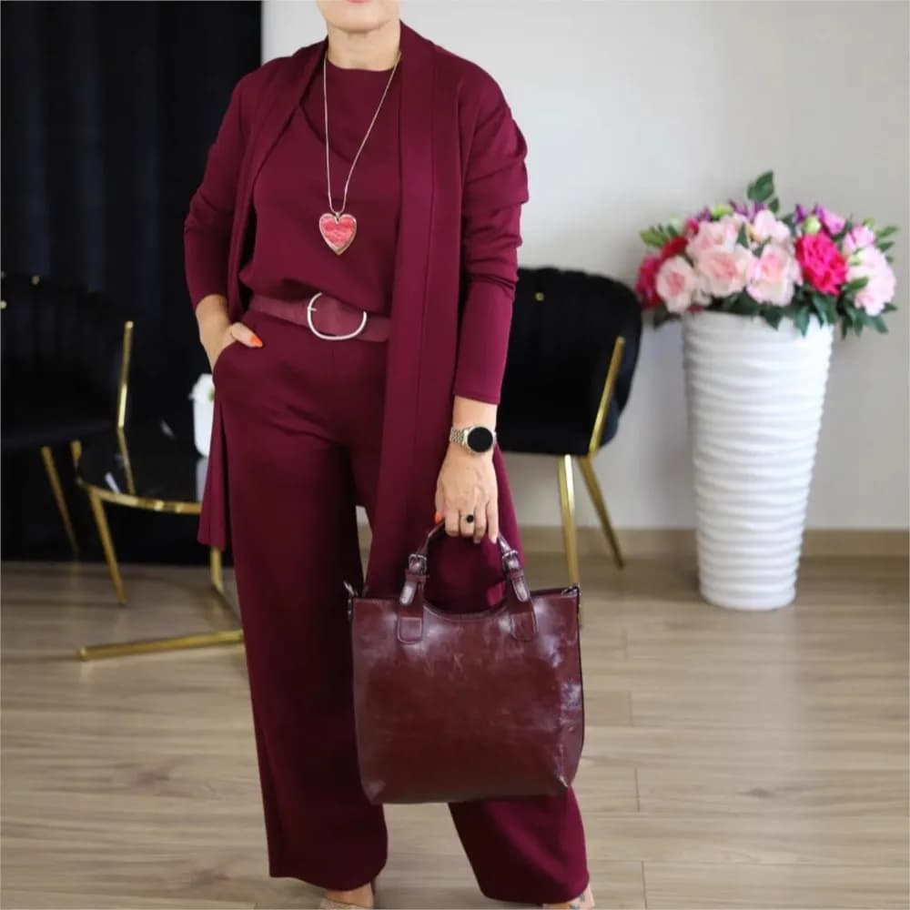 Elegante donna 3 pezzi Autunno Inverno Nuovo cardigan Cappotto T-shirt manica a tre quarti + Pantaloni larghi con cintura Set tre pezzi