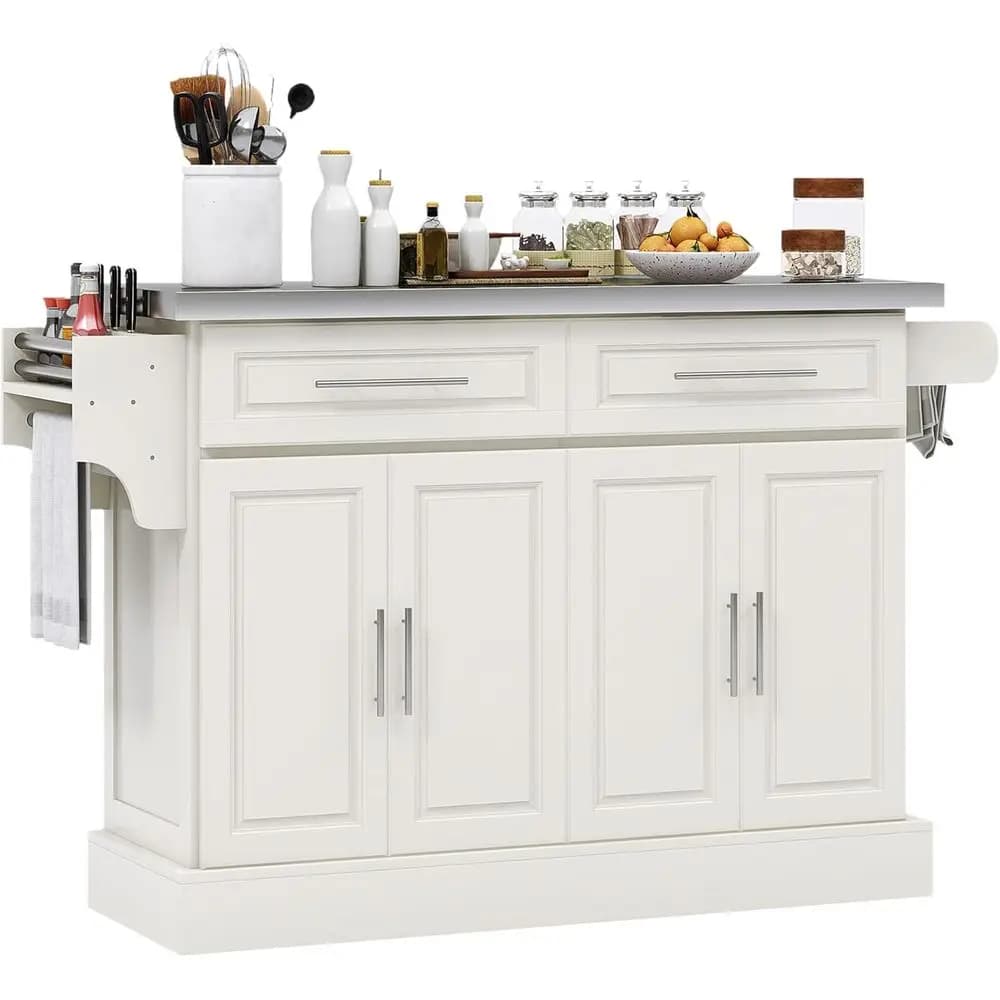 Carrello da Cucina Portatile con Piano in Acciaio Inox 47, Ripiani Regolabili, 2 Cassetti, Porta Spezie e Portasciugamani in Bianco Crema