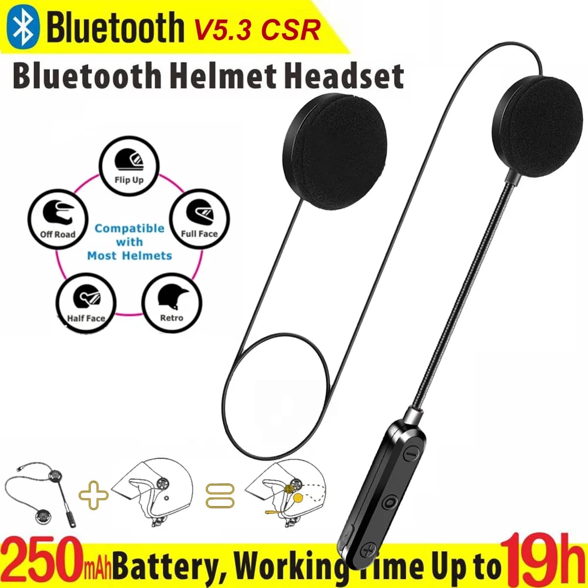 Cuffie per casco da motociclista NYF Cuffie Bluetooth senza fili BT 5.3 con auricolare Musica stereo Altoparlante A2DP Lavorato 19 ore Costantemente