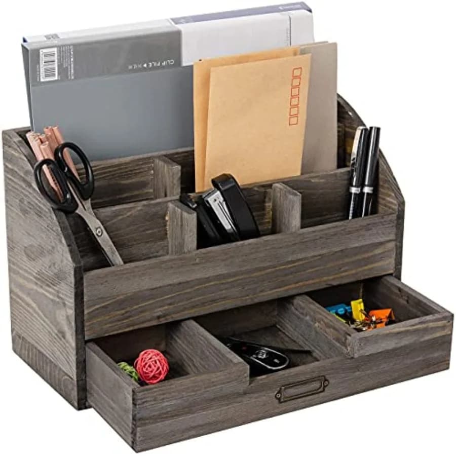 Organizzatore da scrivania in legno rustico con cassetto e portapenne, porta lettere e documenti per piano di lavoro cucina