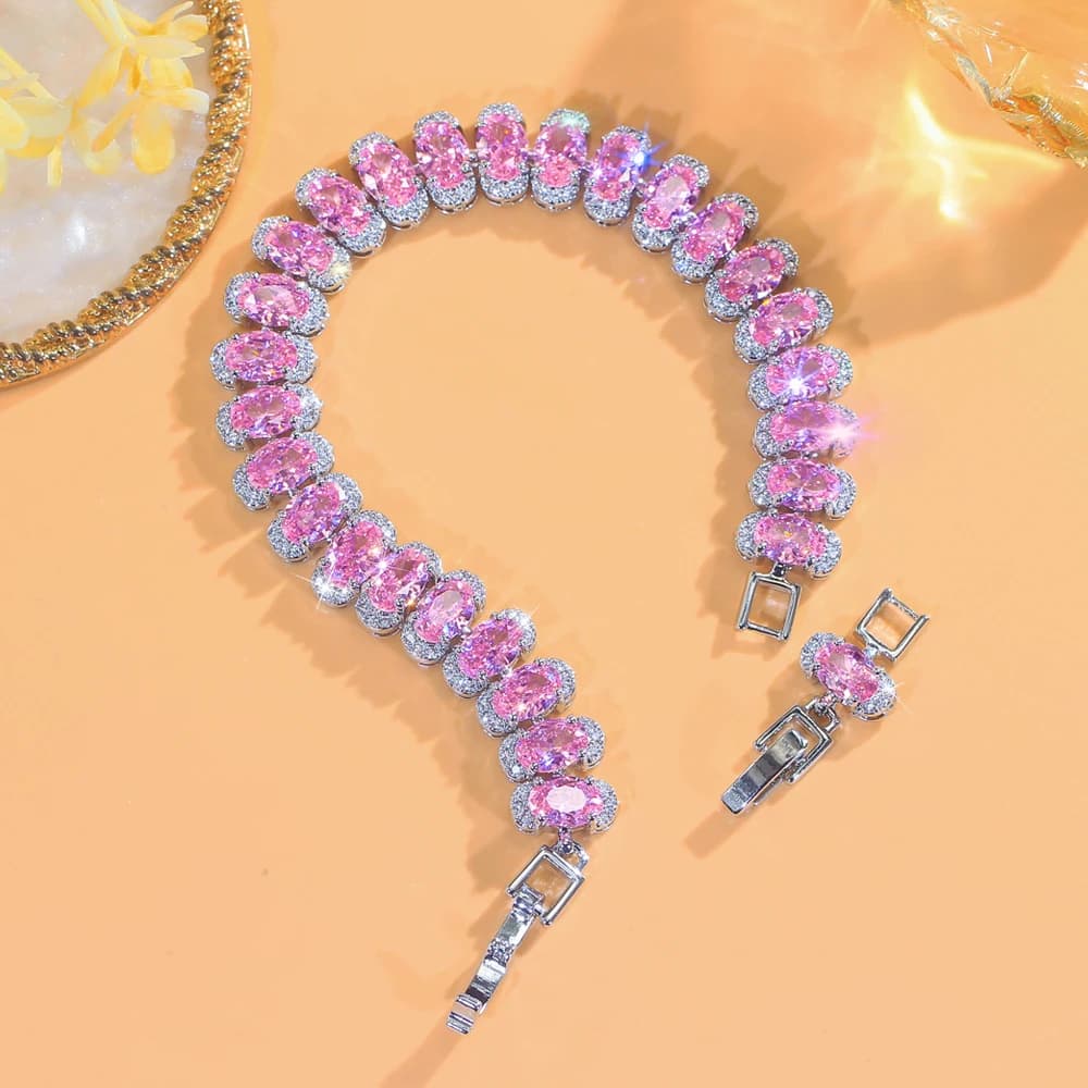 ThreeGraces New Fashion Brillante Rosa Zirconia Forma di Ellisse Sposa Matrimonio Festa di Fidanzamento Bracciale da Tennis per Le Donne BR452