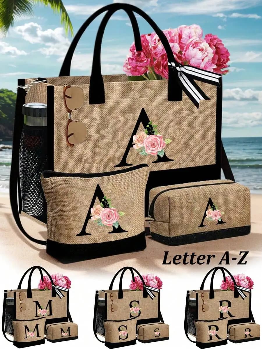 Personalized Jute Tote Bag With Pink Flowers And Initial A-Z, Includes Makeup Bag, Casual Beach Travel Handbag For Women