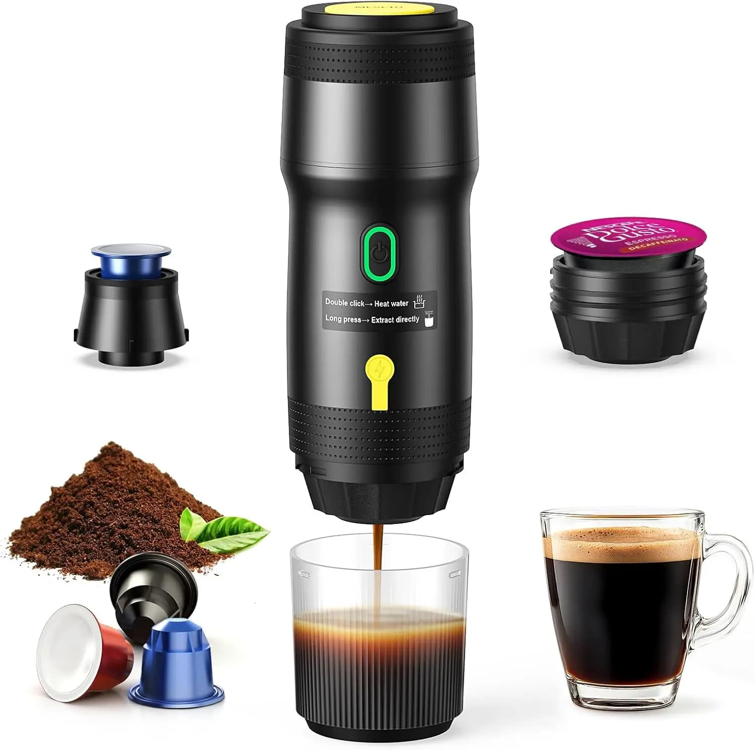 Self-Heating Portable Espresso Machine, Car Electric Coffee Maker with USB-DC, Travel Coffee Brewer Compatible with NS Capsules