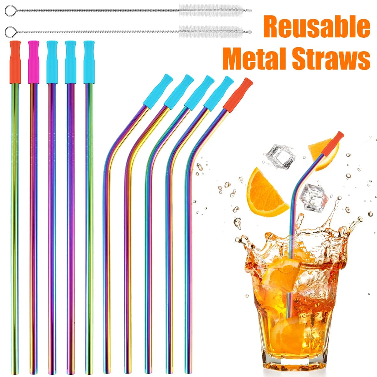 10 cannucce in acciaio inossidabile 304, cannucce colorate riutilizzabili, cannucce curve e dritte con spazzola per la pulizia e 10 punte in silicone