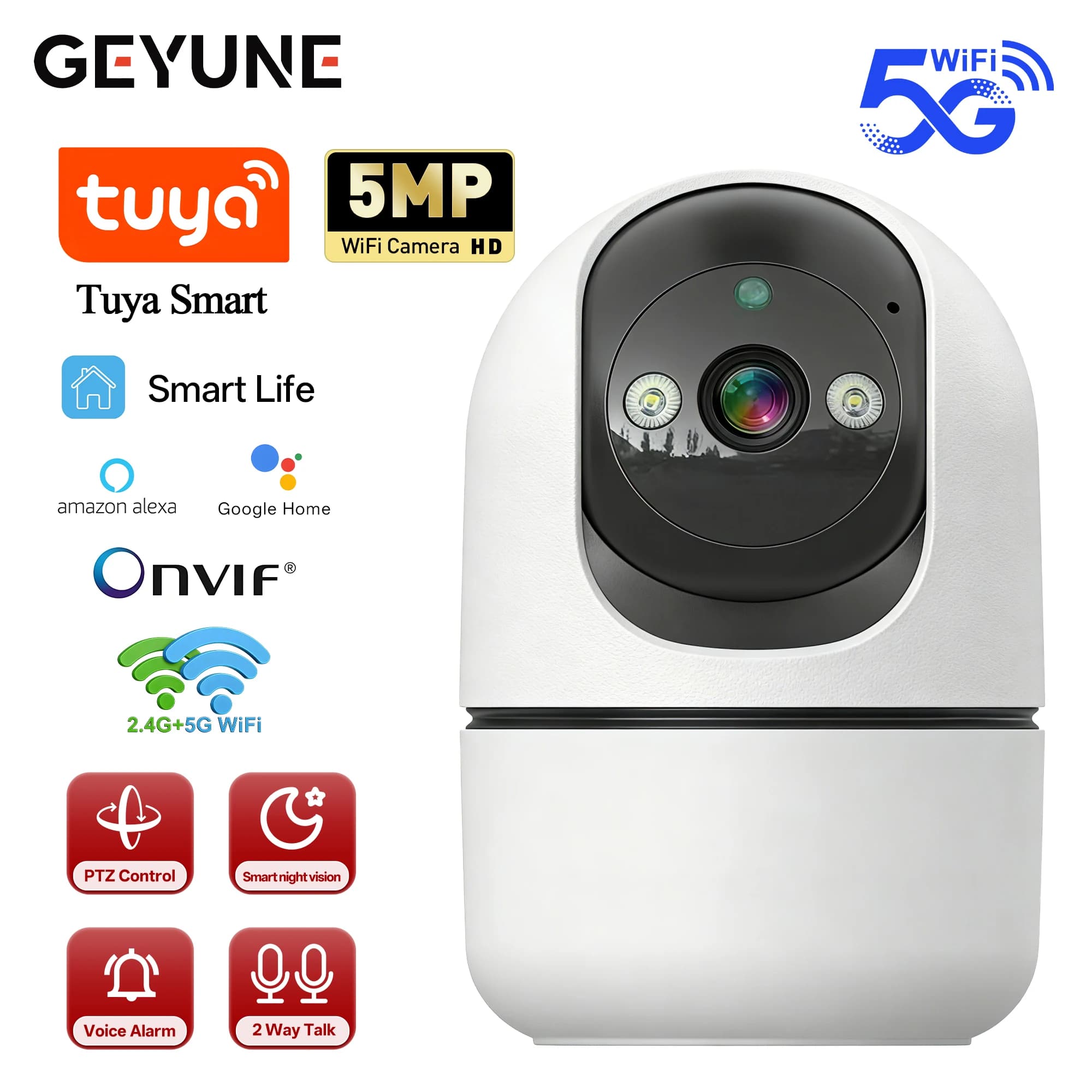 Telecamera IP WiFi 5G Tuya 5MP per Interni, Telecamera di Sicurezza Wireless con Tracciamento Automatico, Monitor per Bambini, Visione Notturna IR, Zoom 6x