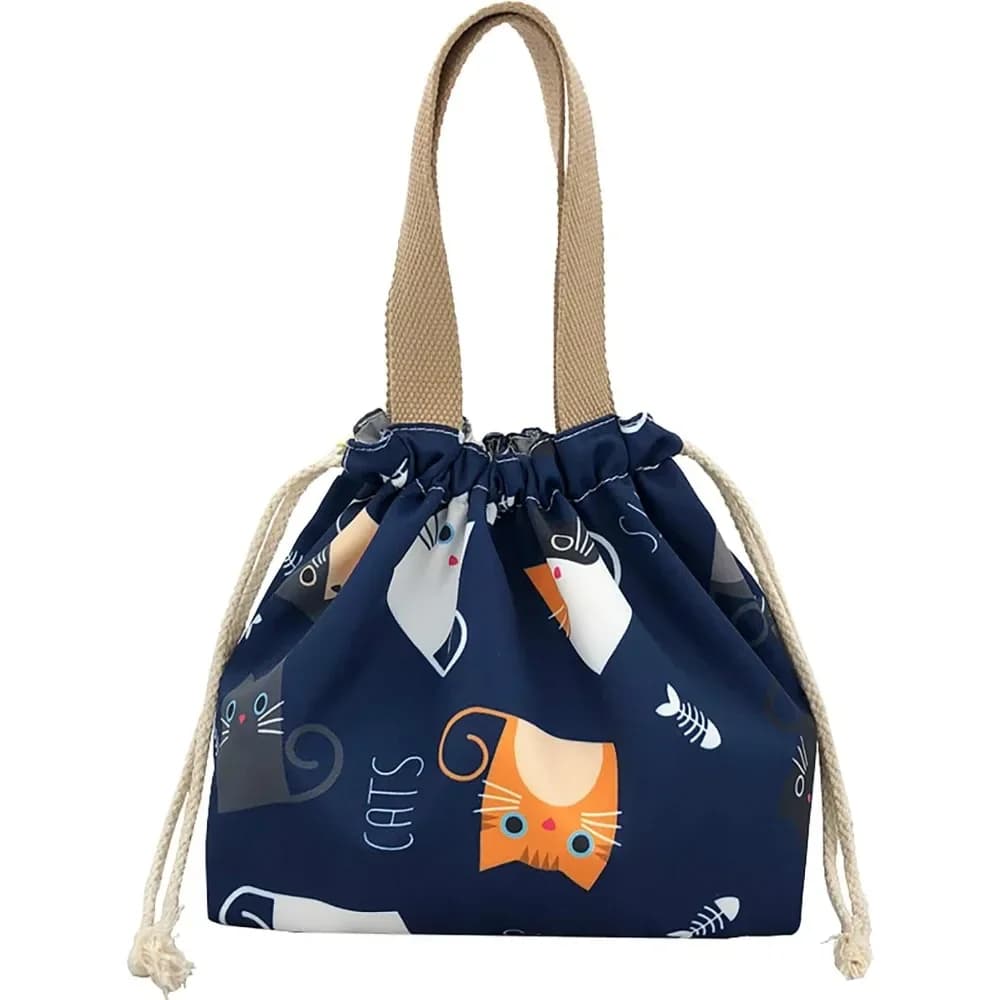Mini borsa per il pranzo riutilizzabile piccola borsa per il pranzo carina con coulisse adatta per ragazze donne gatto blu