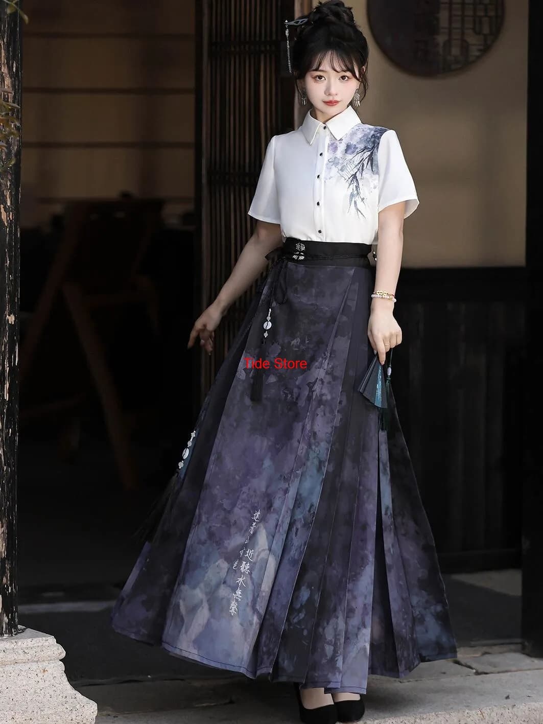 Huaying Dinastia Ming Hanfu Nuova camicia a inchiostro in stile cinese da donna con gonna a faccia di cavallo Set per pendolarismo quotidiano Primavera Autunno