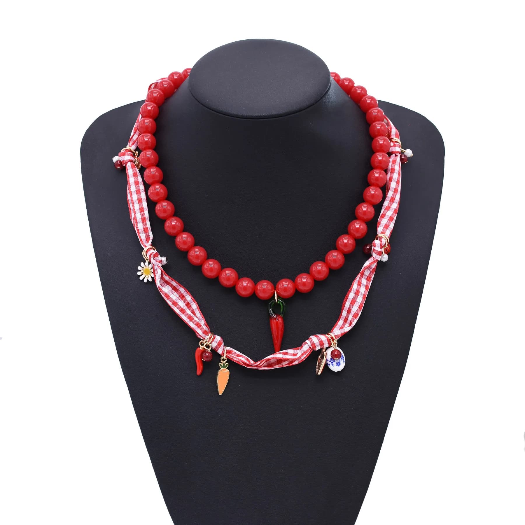 Collana con ciondolo a forma di fragola, carota, peperoncino, con perline rosse, per donne, ragazze, doppio strato, fata, carino, collana di corda, accessori per gioielli