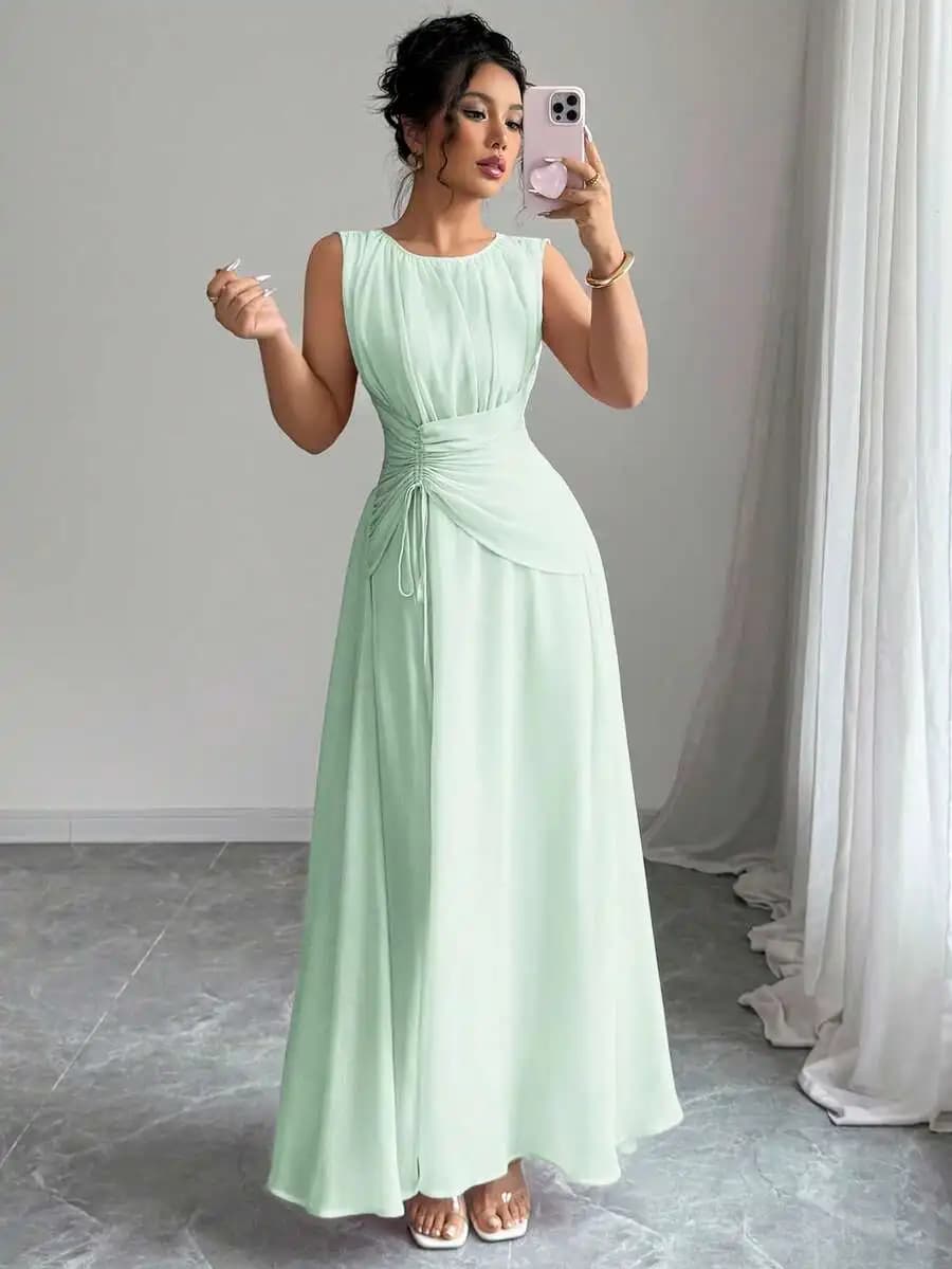 Women Mint Green Sleeveless Chiffon Maxi Dress With Drawstring Waist Elegant French Vintage Style