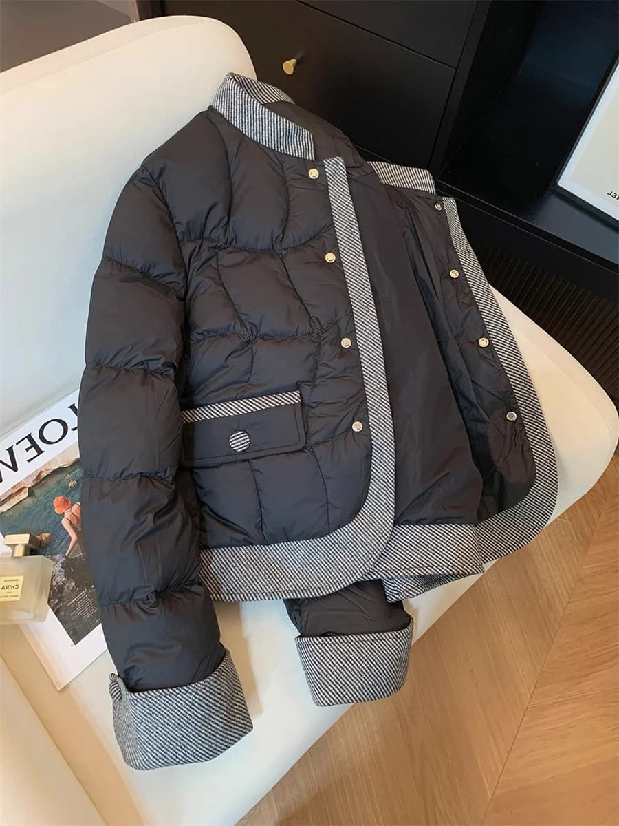 Giacca leggera in cotone alla moda con motivo a rombi neri, colletto rialzato, stile femminile, elegante cappotto autunno inverno.