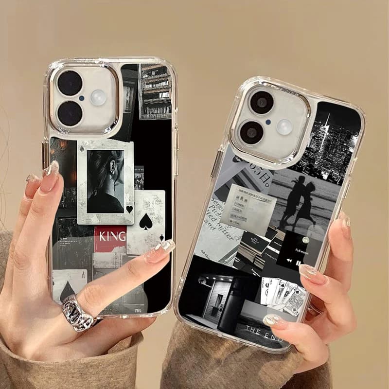 Black white embossed image case for iPhone 16 Pro Max Coque iPhone 11 12 13 14 15 Pro Max plating frame for Silicone lens cover