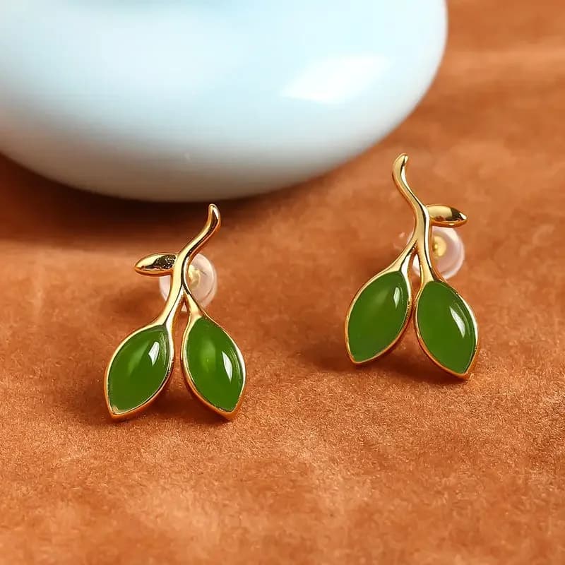 Independent design ancient gold craftsmanship natural Hetian jade leaves horse eye shape elegant earrings luxury silver jewelry