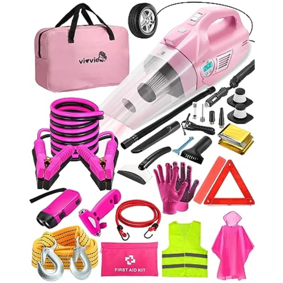 Kit di Emergenza Stradale Rosa per Veicoli con Aspirapolvere Gonfiabile 4 in 1, Cavi di Avviamento, Kit di Pronto Soccorso e Corda di Traino Rosa