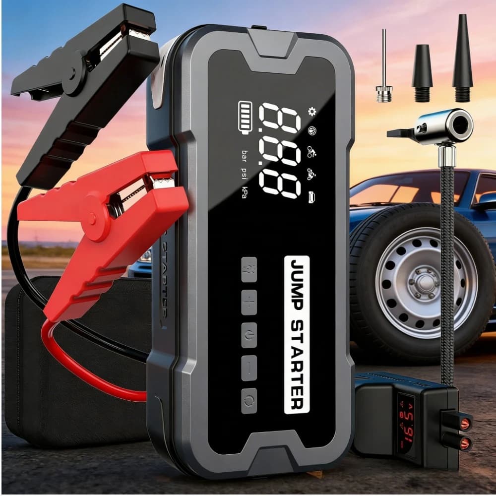 Avviatore di Emergenza per Auto 4-in-1 da 10000mAh 2000A con Compressore d'Aria, Power Bank e Torcia di Emergenza per Auto a Benzina e Diesel