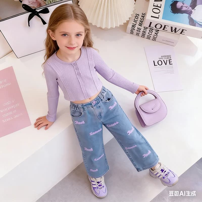 Set di Abbigliamento Moda Primavera-Autunno 2026 per Ragazze: Top Corto Tinta Unita + Jeans a Gamba Larga con Stampa Lettering, 2 Pezzi per Outfit Alla Moda per Bambini
