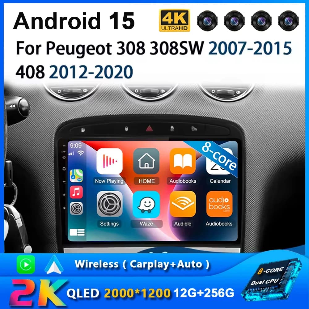 Autoradio Android 15 con Carplay per Peugeot 308 308SW 2007-2015 408 2012-2020, GPS, Lettore Multimediale, Stereo, WIFI, 4G, DSP