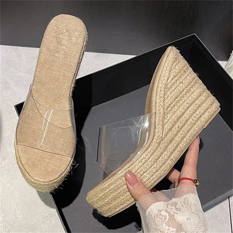 Eilyken Design Style Tessuto di canapa Punta aperta Zeppe con plateau Pantofole da donna Estate PVC Trasparente Tacchi alti Scarpe scorrevoli