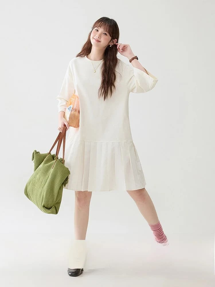 AMUU Original Design Summer New Loose Pure Cotton Women's Dress Skirt T-shirt Gown Korean Style Pleated Wraparound Dress