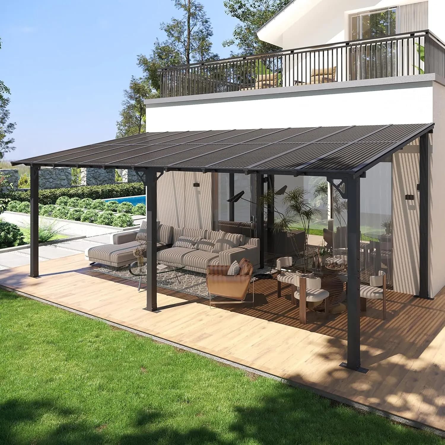 Gazebo a tettoia 10x20FT, pergola in metallo con tetto rigido in policarbonato, tende da sole a parete di grandi dimensioni, tettoia per patio