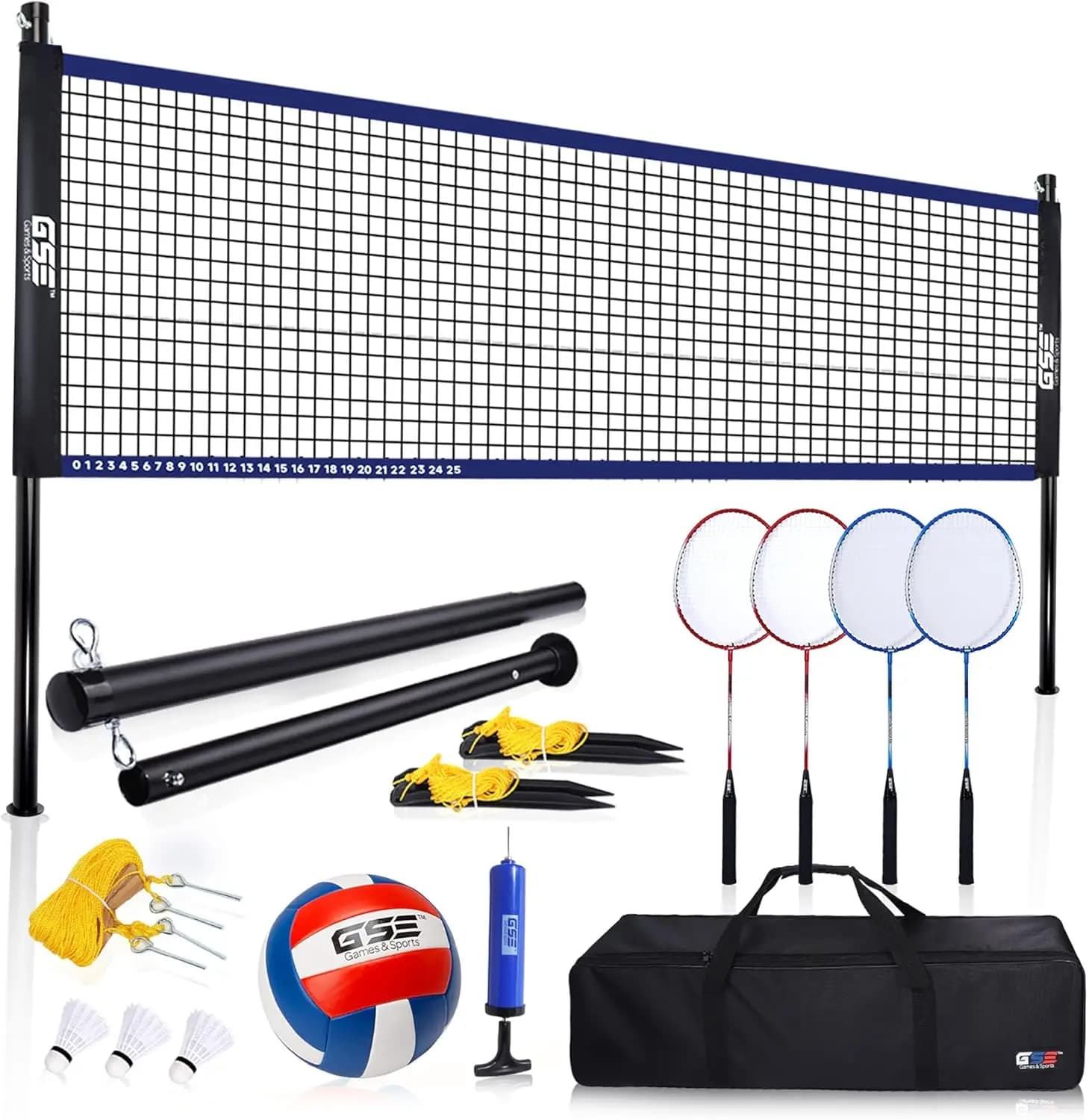 Combined set volleyball and outdoor badminton with net, poles, raquettes for fun in the garden, park, beach