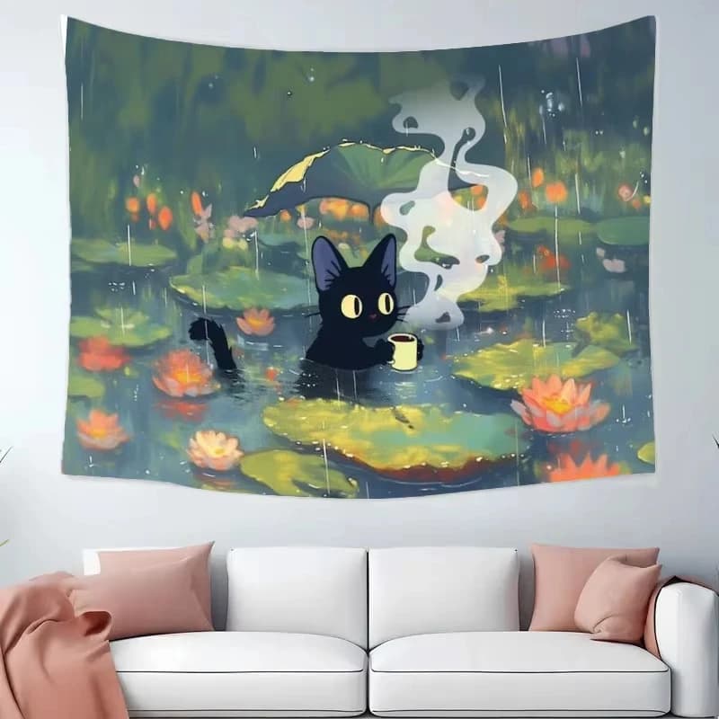 Tappeto da parete con gatto nero cartone animato, stampa tarocchi, decorazione hippie per camera da letto e dormitorio