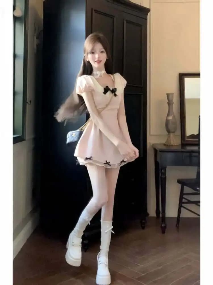Sweet Fitting Date Dress Women's Summer 2025 New Style Princess Wind Knot Midi Skirt Short Sleeve Zipper Closure