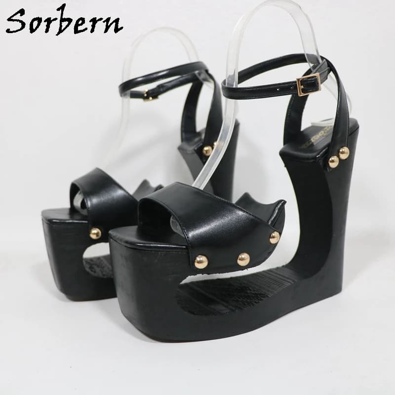 Sorbern Sandali da donna con zeppa scavata nera Scarpe estive con cinturino alla caviglia Tacchi alti con zeppa Colori personalizzati Rivetti dorati