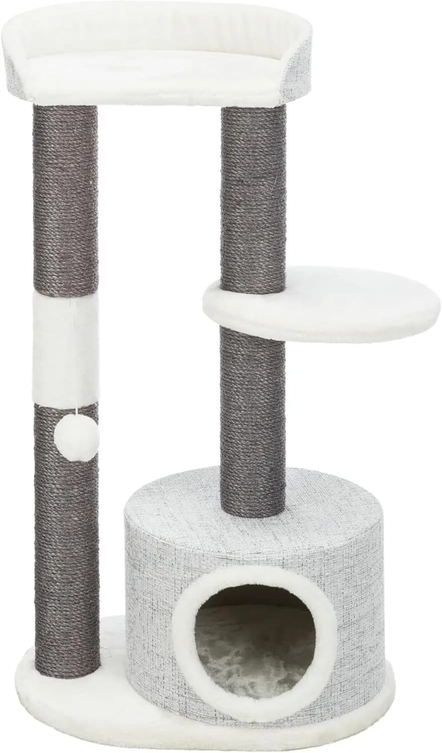 Tiragraffi Grigio per Gatti da Interno, con Corda in Sisal Resistente, Cuccia, Piattaforme, Schienale e Giocattolo Pendente