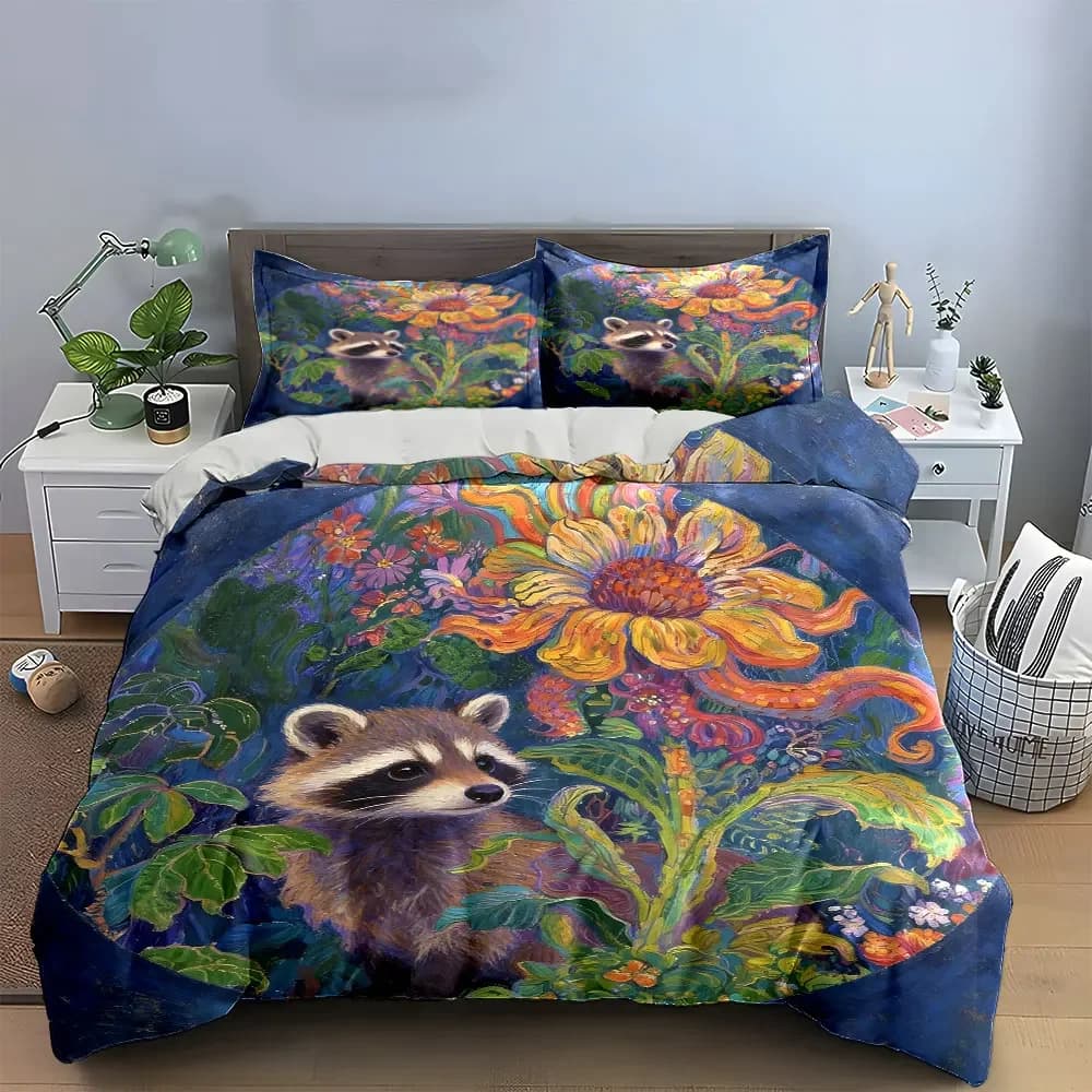 Set di biancheria da letto con copripiumino morbido e confortevole con decorazioni floreali Raccoon, include 1 copripiumino e 2 federe, regalo