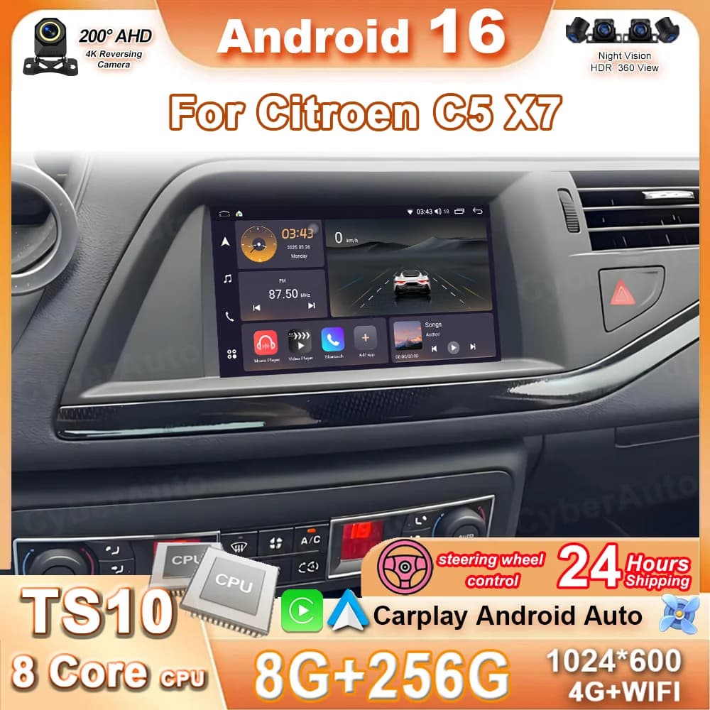Autoradio Carplay Android Auto For Citroen C5 X7 Video player Multimedia touch screen GPS navigation 4G stereo auto + WIFI No 2DIN