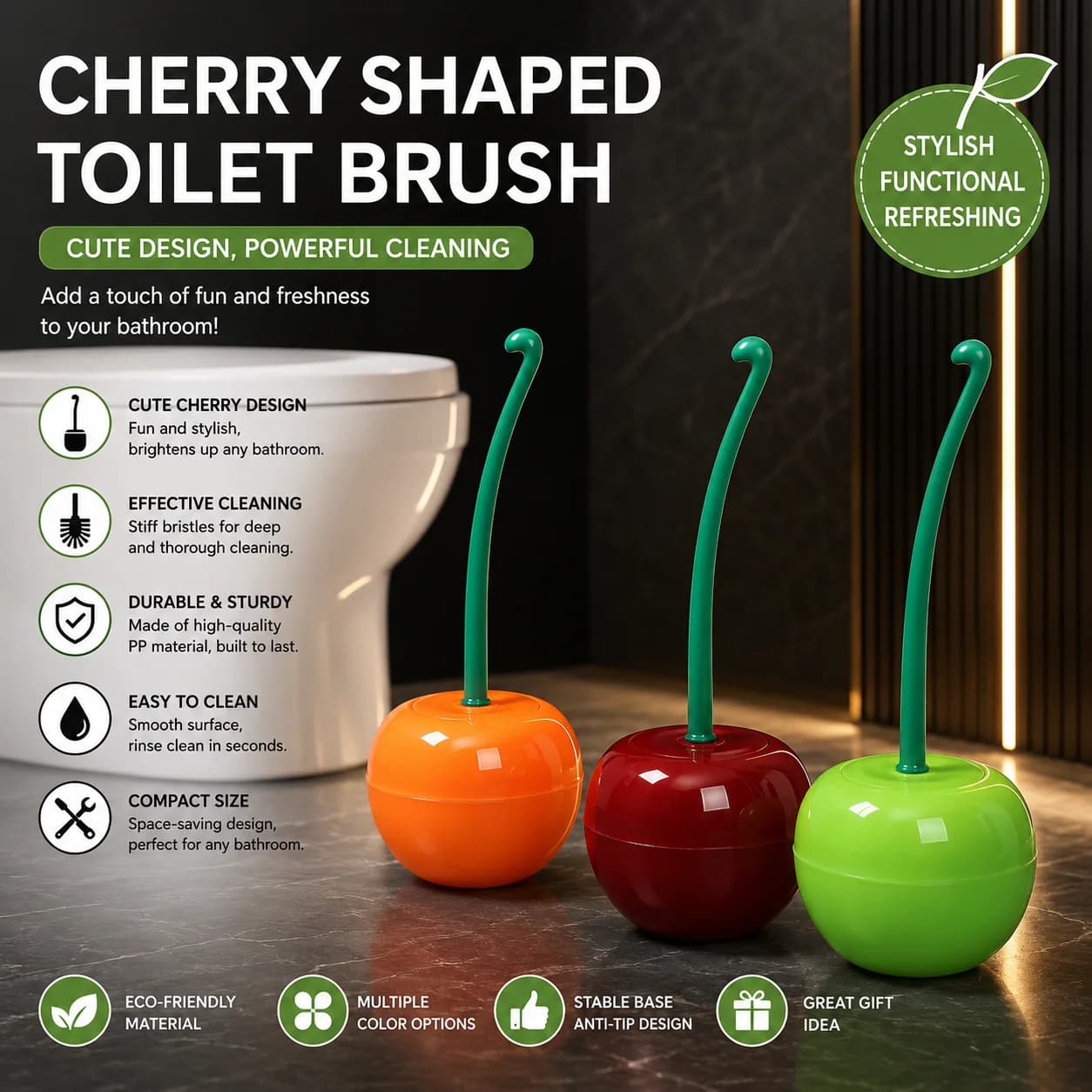 Spazzola per WC Cherry per uso domestico, senza angoli morti, per lavaggio a mano, pulizia del WC, spazzola in plastica con manico lungo e base.