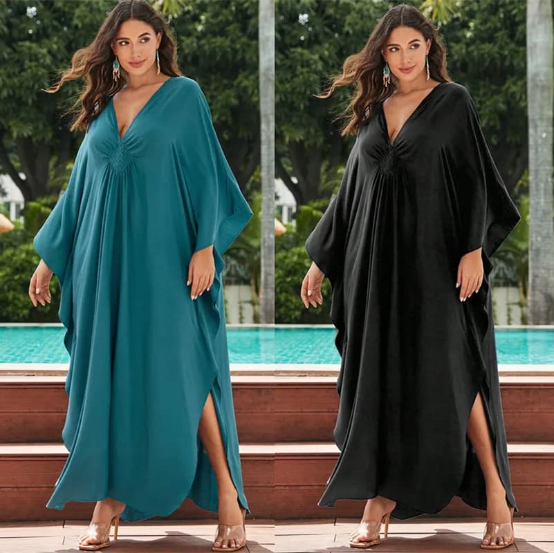 Solid Loose V Neck Bikini Cover Up Women Robe Kaftan Holiday Loose Beach Dress Bathing Suit Cover Up Beachwear