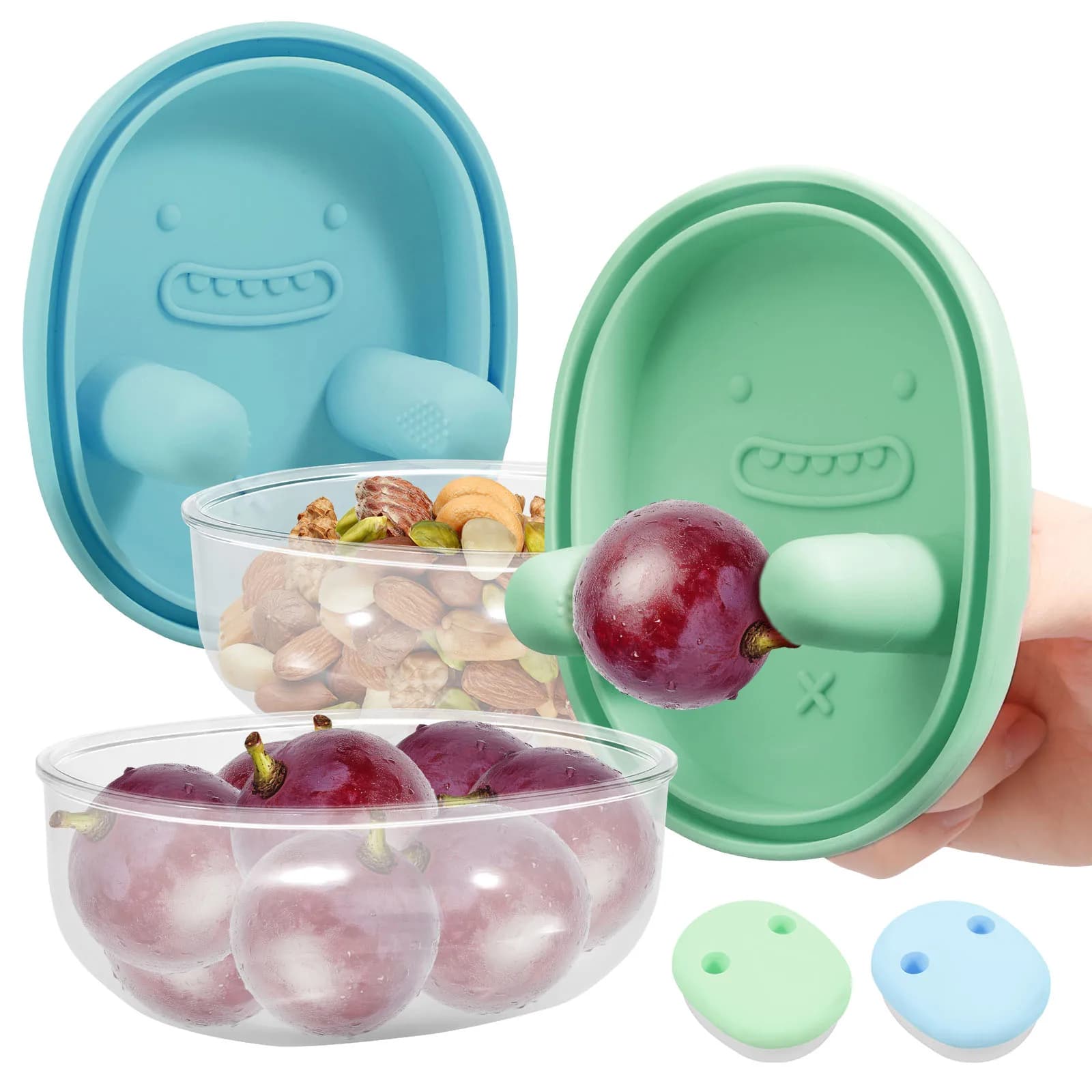Contenitore per snack 2 in 1, 2 pezzi, senza disordine, con coperchio in silicone e copertura per le dita, per biscotti, frutta, verdura, frutta secca