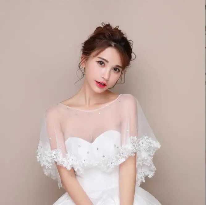 Sexy White Women Bolero Lace Mesh Summer Bridal Shawl Wrap Floral Embroidery Wedding Jacket Wraps Elegant Mujer Cape Mariage