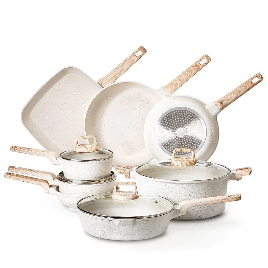 Set di Pentole Antiaderenti in Granito da 19 Pezzi per Cucina e Camper, Compatibile con Induzione, Pentole e Padelle Bianche con Padella per Saltare