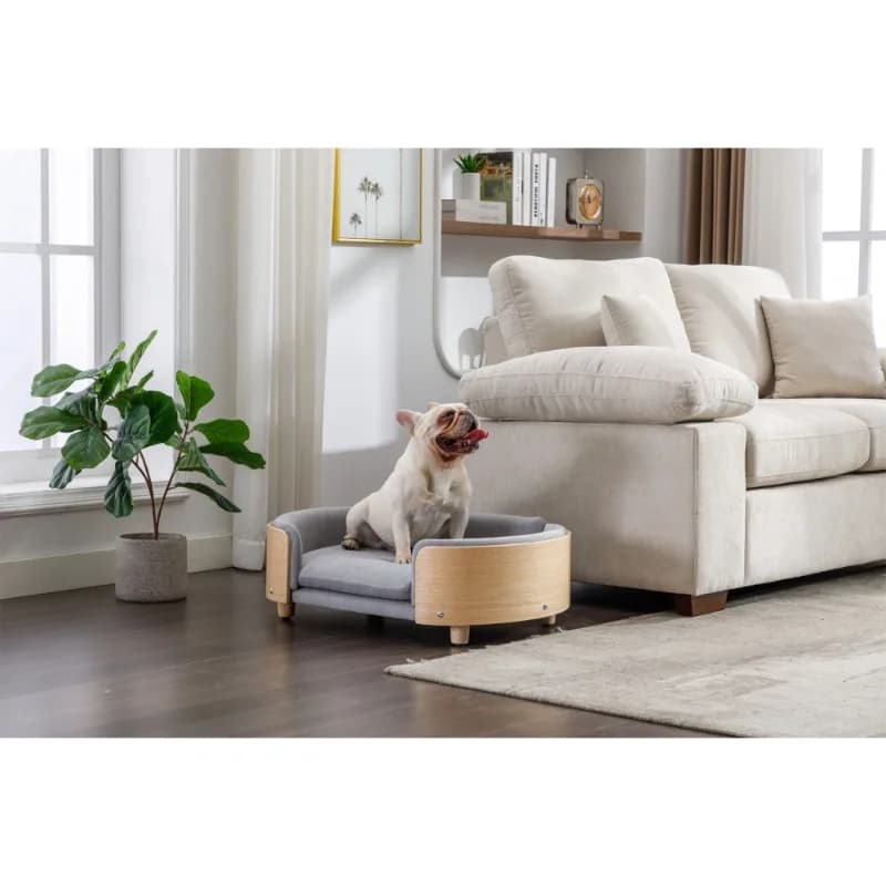 Divano per animali domestici con letto rialzato per cani in stile scandinavo grigio chiaro con gambe in legno massello Schienale in legno piegato e cuscino in velluto