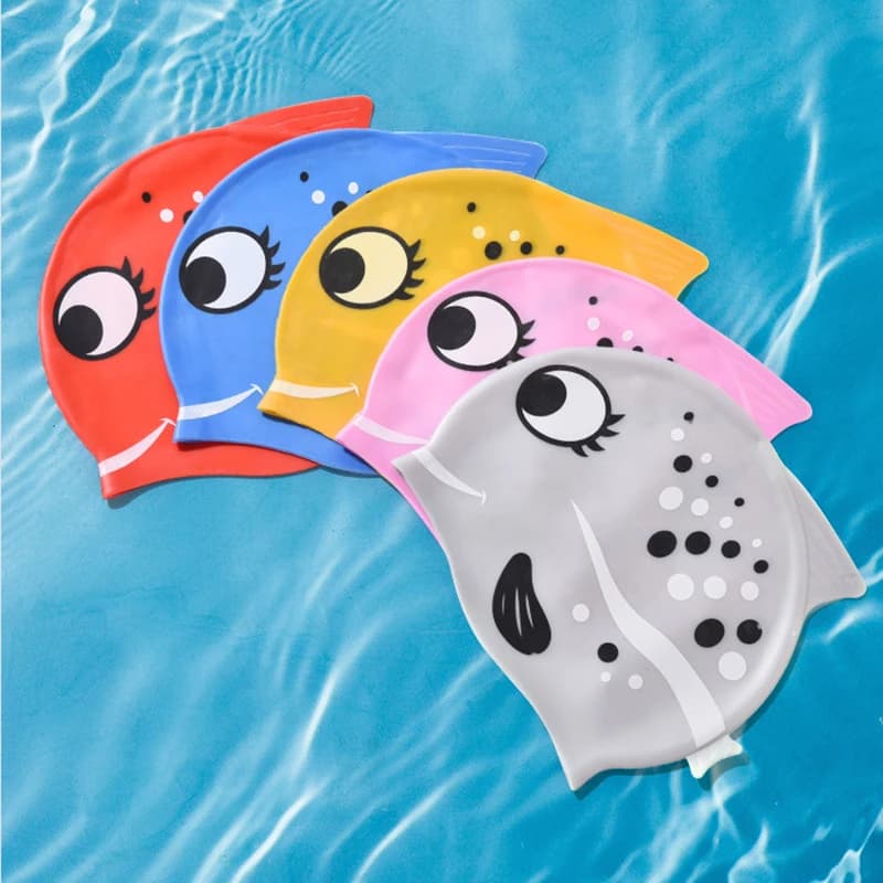 1 pcs durable silicone swim cap for kids waterproof fashion cartoon spot fish boys and girls, comfortable soft N