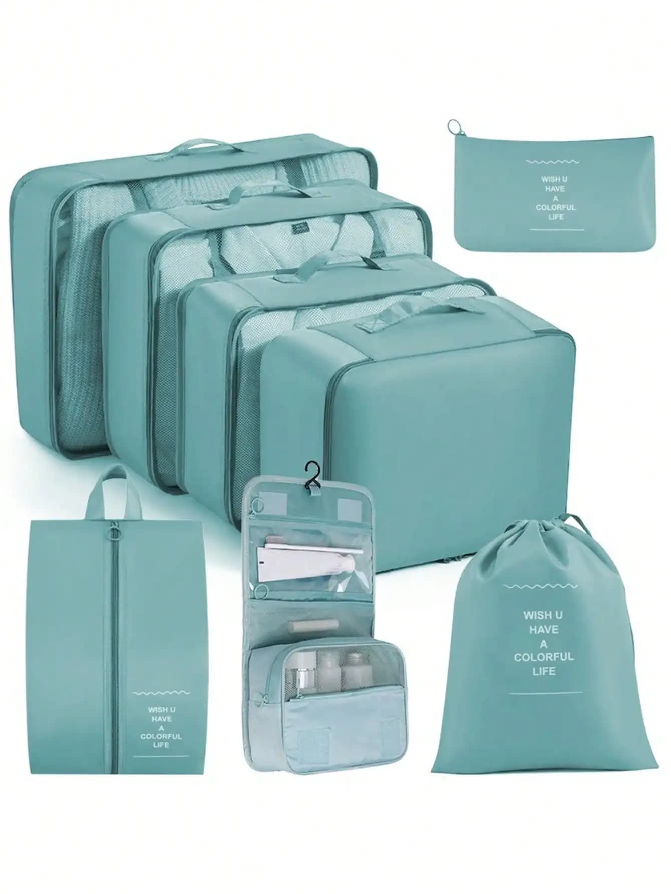 Set di 8 organizer da viaggio - Cubi per l'organizzazione dei bagagli in poliestere per vestiti, biancheria intima, scarpe, pantaloni, calzini, cosmetici e articoli da viaggio