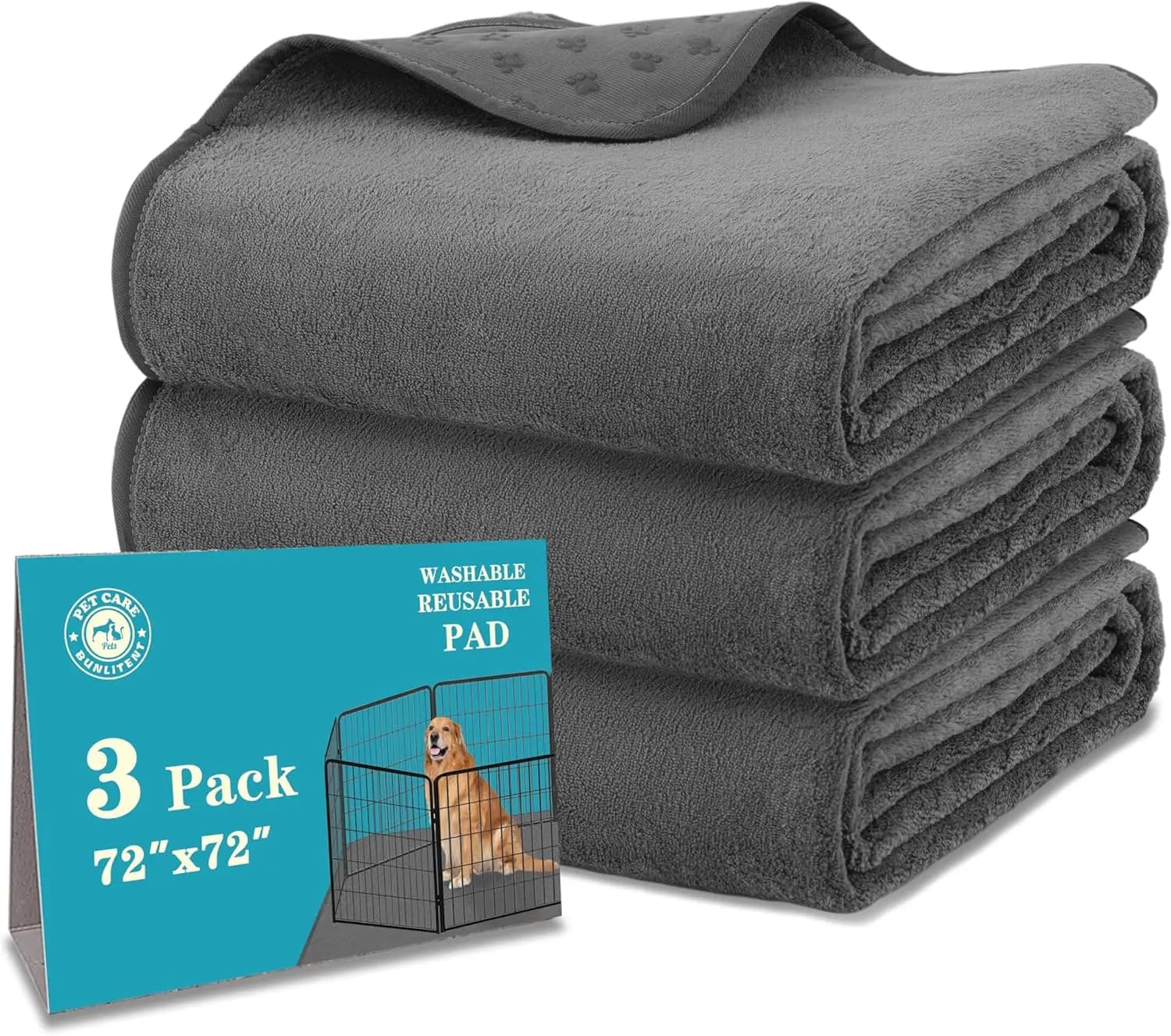 Tappetini Lavabili per Cani, 72x72 Pollici Extra Large, Confezione da 3, Antiscivolo, Impermeabili, Riutilizzabili, ad Asciugatura Rapida, Grigio