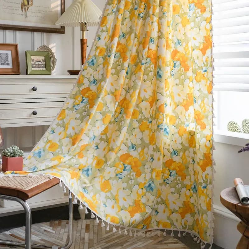 Cotton Linen Floral with Tassels Oil Paint CurtainThick Blackout Curtains for Living Room American Vintage Drape Bedroom Valance