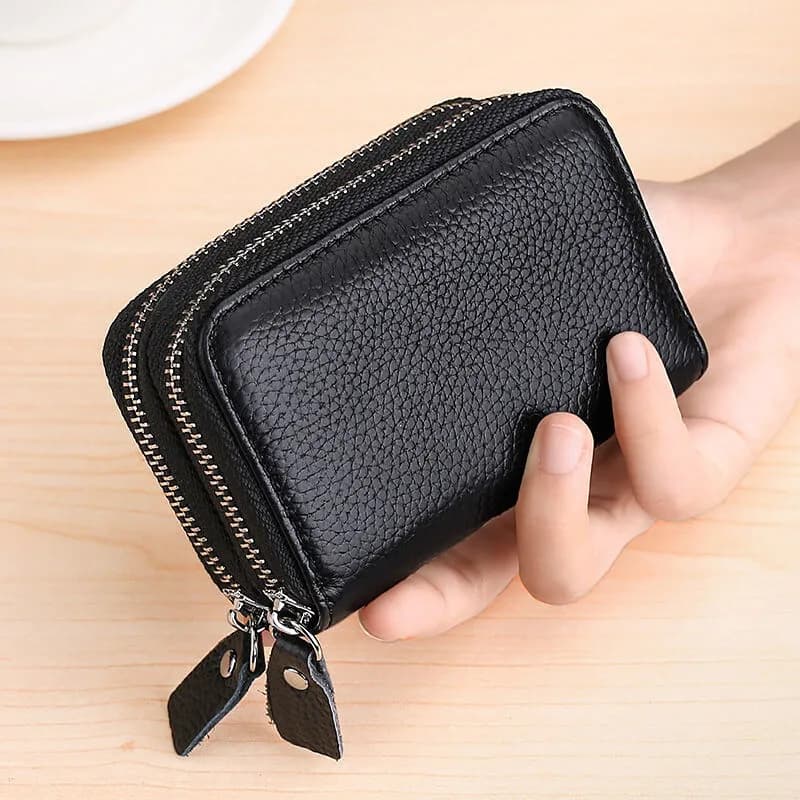 Portafoglio porta carte di credito con doppia cerniera alla moda portafoglio in vera pelle con blocco RFID con chiusura a chiave con cerniera borsa per carte con cambio piccolo